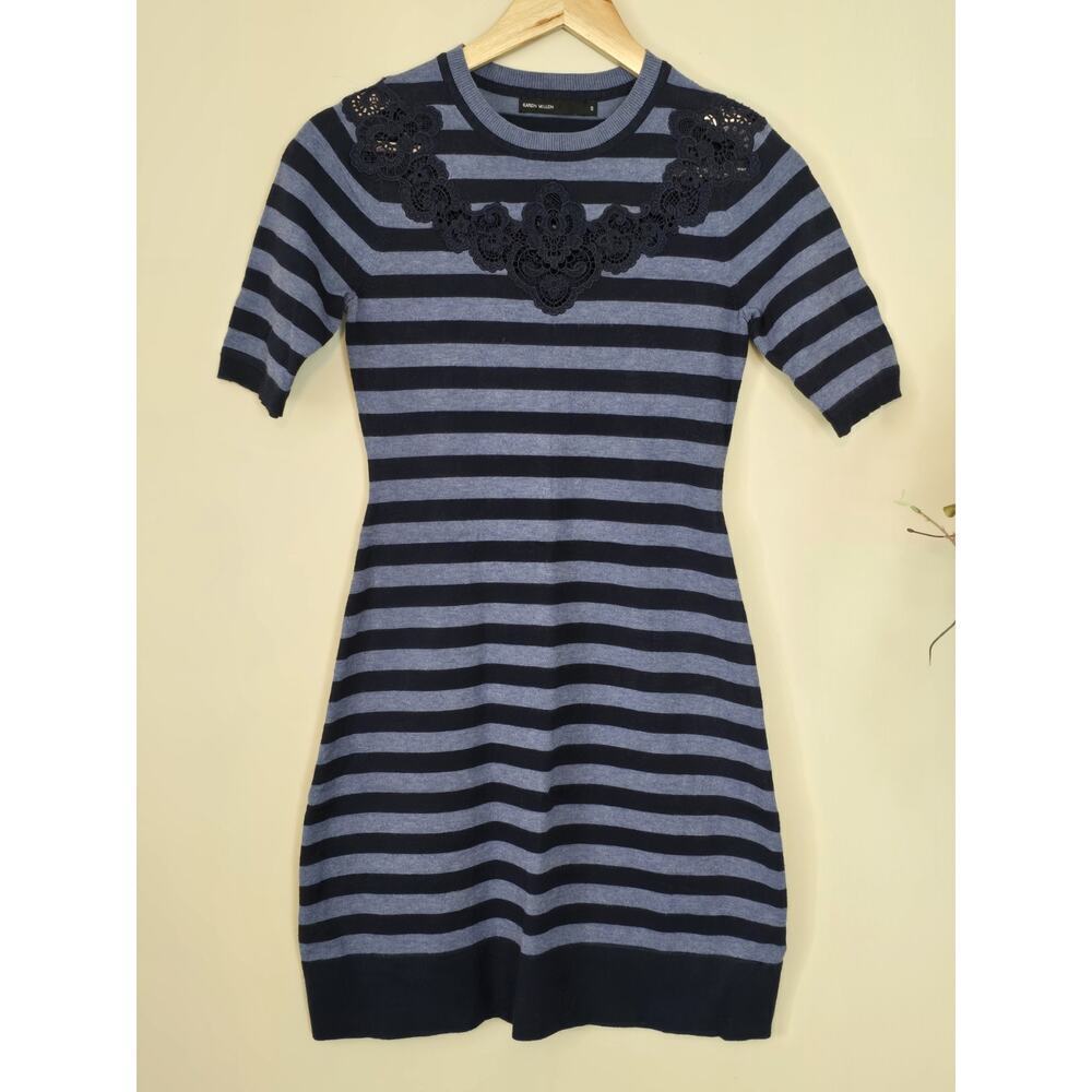 Karen Millen Stretch Lace Yoke Striped Knit Dress Short Sleeve Mini SZ Small - Picture 2 of 6